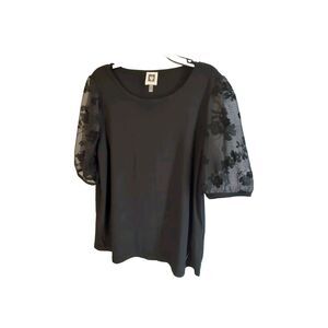 Ann Klein lace puff sleeve black blouse- Size S - EUC